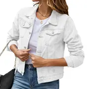 Women's Button Down Long Sleeve Cropped Denims Jean Jacket With Pockets White M