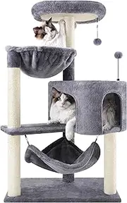 100cm Cat Tree with Sisal Scratching Posts for Indoor Cats, Cat Tower with Hammock and Hanging Ball Toy, Pet Furniture Activity Centre with Condo, Play Towers&Trees, Grey