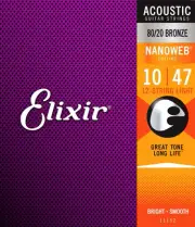 Elixir 11152 Nanoweb 80/20 Bronze 12 String Light Guitar Strings 10-47 Gauge