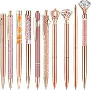 10Pcs Ballpoint Pens, BetterJonny Rose Gold Metal Crystal Diamond Pens Black Ink Ballpoint Pens with Glitter Pencil Holder for Women Office School Supplies Journaling, Writing, Gifts