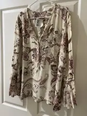 NWT Chicos Blouse Sz 4 Pleated Chiffon Top Pink Paisley Floral Bell Sleeves