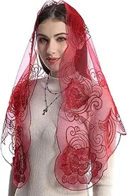 [Bozidol] Catholic Mantilla Mass Veil Church Lace Veil Chapel Head Covering Velos para ir a la iglesia with Hairclips (Red), Red, One size