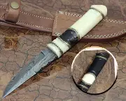 9.5" Damascus steel skinning knife, exotic hand made round scale, Cow sheath