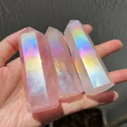 Angel Aura Rose Quartz Tower Decoration Rainbow Healing Crystal Obelisk Mineral