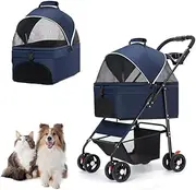MINYII Pet Stroller Premium 3-in-1 Multifunction Jogger Stroller for Medium Small Dogs Cats Folding Lightweight for Travel with Detachable Carrier,98x65x45cm Portable Pet Stroller for Injured Pet Gift (Blue)