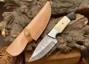 Handmade Damascus Camel Bone Hunting Knife,Fixed Blade full tang with Sheath