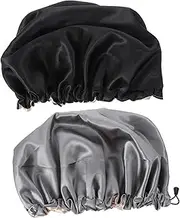 2pcs Shower Cap Silk Bonnet for Sleeping Hair Bonnet Sleep Cap Head Cover Knot Headband for Women Black Elastic Nightcaps Bathroom Cap Chemotherapy Cap Double Layer Satin SOESFOUFU