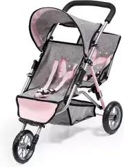 39133AA DUO Twin Dolls Pram, Double Stroller, with Three Wheels and Cannopy, Sec
