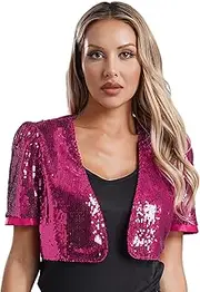 [Jugaoge] Womens Sequin Jacket Open Front Blazer Short Sleeve Bolero Shrug Cardigan Coat Tops Clubwear