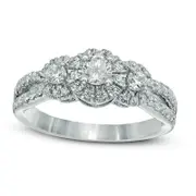 0.75 CT. T.W. Natural Diamond Frame Three Stone Antique Vintage-Style Engagement Ring in Solid 14K White Gold