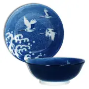 SET of 2 Japanese Ramen Noodle Rice Bowls 7.5"D Porcelain Cranes Wave JAPAN MADE