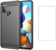[Asuwish] Phone Case for Samsung Galaxy A21S with Tempered Glass Screen Protector Cover and Slim Thin Soft TPU Mobile Film Cell Accessories Protective Glaxay Galaxies A 21S Women Men Carbon Fiber Grey
