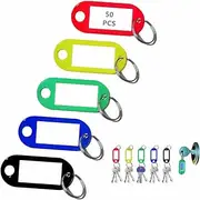 50Pcs Tough Plastic Key Tags in 5 Assorted Colors Item Identifiers Markers with Blank Paper Labels and Split Ring, Reusable ID Label Key Tags for Organize Your Keys and Stuff