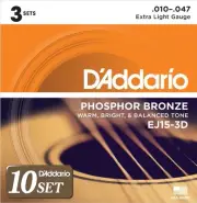 D'Addario Acoustic Guitar Strings Phosphor Bronze Extra Light .010-.047 EJ15-3D