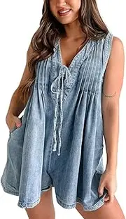 [colarat] Women's Casual Sleeveless Tie Front Denim Romper V Neck Jean Shorts Jumpsuits Overall Loose Denim Outfits