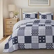 SLPR Americana Pride 2-Piece Quilt Set - Twin Size with 1 Sham, Lightweight Patriotic Bedding in Blue and White with Star and Plaid Patterns, Quilted Bedspread for Twin Bed