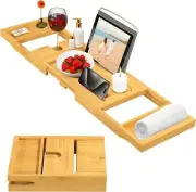 Bamboo Bath Tub Tray Table Caddy Over The Tub Shelf w/Wine Glass Tablet Holder