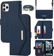 Cavor Crossbody Wallet Case for iPhone 11 Pro Case (5.8") Flip Cover Magnetic Leather Women Handbag Card Slots Holder Zipper Kickstand Purse with Detachable Shoulder Necklace Lanyard Strap-Navy Blue