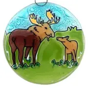 Moose Mama + Baby Christmas Tree Ornament - Art Glass Light Catcher Woods Gift