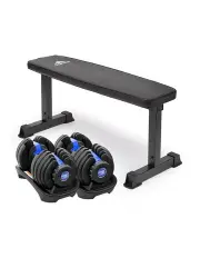 [PowerTrain] 2x24kg Adjustable Dumbbell Set Blue with Stand and Adidas 10437 Gym Bench