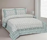 Marusthali Cotton Bed Sheets Queen Set Indian Style Jaipuri bedsheet Handmade Rajasthani Bed Sheet 180 tc Hand Block Bedspread 90 x 108 inches (Green,Grey)