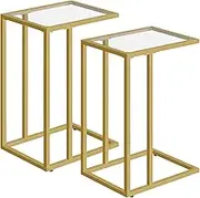 HOOBRO C Shaped End Table Set of 2, Tempered Glass Snack Side Table with Metal Frame, Couch Table, Bedside Table for Small Space, Bed, Modern Style, Gold GD03SFP201