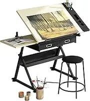 Drafting Table Height Adjustable Art Desk with Drawers, Modern Artist Drafting Table Desk with Tilting Tabletop and Stool for Home Office Work