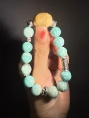 11.3mm Natural High Grade Amazonite with Coral Fossil Elastic Bracelet