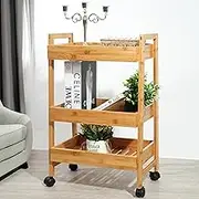 3-Tier Rolling Utility Cart, Bamboo Storage Trolley with Wheels, Organiser Cart with Castors for Kitchen, Living, Office, Mobile Storage Trolley for Restaurant Cafe, Nursery, Art Craft Tools, Garage