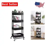 4-Tier Metal Rolling Utility Cart with Lockable Wheels - Stylish Black Storage