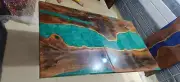 42"x80" Blue Epoxy Resin Dining Table Wooden Live Edge Walnut Home Table Decors