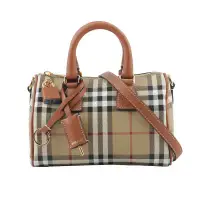 在飛比找環球Online優惠-【BURBERRY】經典格紋帆布及牛皮迷你保齡球包(經典米色