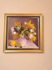 BEADED EMBROIDERY ON SILK " MIMOSA", HANDMADE, SIZE 13x13 inches