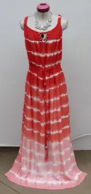 AUTOGRAPH Red Striped Maxi DRESS Size Aus 20 NWT White Beaded Beach Resort Boho