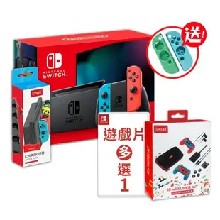 任天堂 Switch 紅藍主機 電力加強版 日規+遊戲選一+18合一套裝+充電座 (送矽膠套)