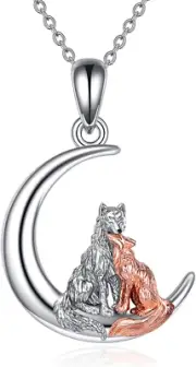 Fox and Wolf Moon Necklace for Women 925 Sterling Silver Pendant Jewelry Gifts