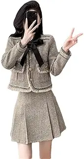 [Generic] Women Striped Woolen Two Piece Set Tassel Single Breasted Tweed Jacket Coat + Mini Skirt