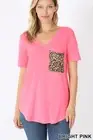 ZENANA SHORT SLEEVE LEOPARD PRINT POCKET TOP V-NECK SPRING SUMMER FASHION