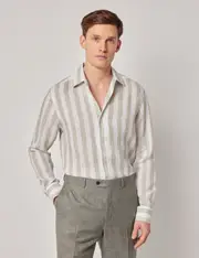 Hawes & Curtis Sage Green & White Bold Stripe Pure Linen Slim Shirt | One Piece Collar | Full Cutaway Size: Small