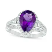 Pear-Shaped Amethyst and Lab-Created White Sapphire Frame Triple Row Split Shank Ring in Sterling Silver