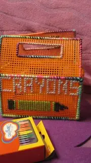 HANDMADE PLASTIC CANVAS CRAYON BOX--ORANGE