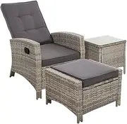 Gardeon Recliner Chairs 3 Piece Wicker Sun Lounger, Outdoor Lounge Setting Patio Furniture Backyard Garden Indoor Armchair, with Coffee Table Cushions Ottoman Adjustable Backrest Glass Tabletop Grey