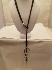 20 Inch Black Leather Triple Cord Necklace With Silver Oval Rings