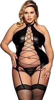 [UIVHLW] Women's Lingerie Sets Oversized Faux Leather Nightdress with Garter Belt