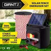 Giantz Electric Fence Energiser 5km Solar Powered Charger + 500m Rope