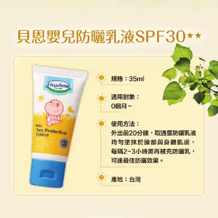 Baan 貝恩 防曬乳液SPF30 35ml + 嬰兒泡泡香浴露 200ml【宜兒樂】