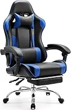 Sweetcrispy Video Game Desk Chair - Ergonomic Computer with Footrest and Comfy Lumbar Support, PU Leather Recliner with Headrest, Fixed Up Armrest, Height Adjustable with 360° Swivel, for Adults, Blue