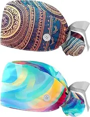 [YTYVAGT] 2-Pc,Nurse Scrub Caps,Scrub Hats with Buttons and Cotton Sweatband,Retro Abstract Art Pattern
