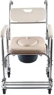 Mobile Shower Toilet Commode Folding Shower Chair Attendant Propelled Rollover Prevention Bath Seat Sit Bathe with Wheels for Elderly, Handicapped, Disabled Users and Pregnant Woman