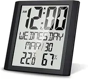 Digital Wall Clock, Wall Clock with Temperature&Humidity 8.6'' Large Display Time/Date/Week Alarm Clock&Snooze ℃/℉ Selectable Indoor Thermo-Hygrometer Accurate Weather Monitor Black